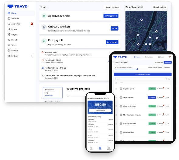 Trayd payroll and compliance platform on desktop, tablet, and mobile